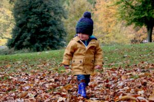 Little boy bundled up in coat and hat, enjoying walking through fall leaves on the lawn, representing seasonal challenges of pest control.