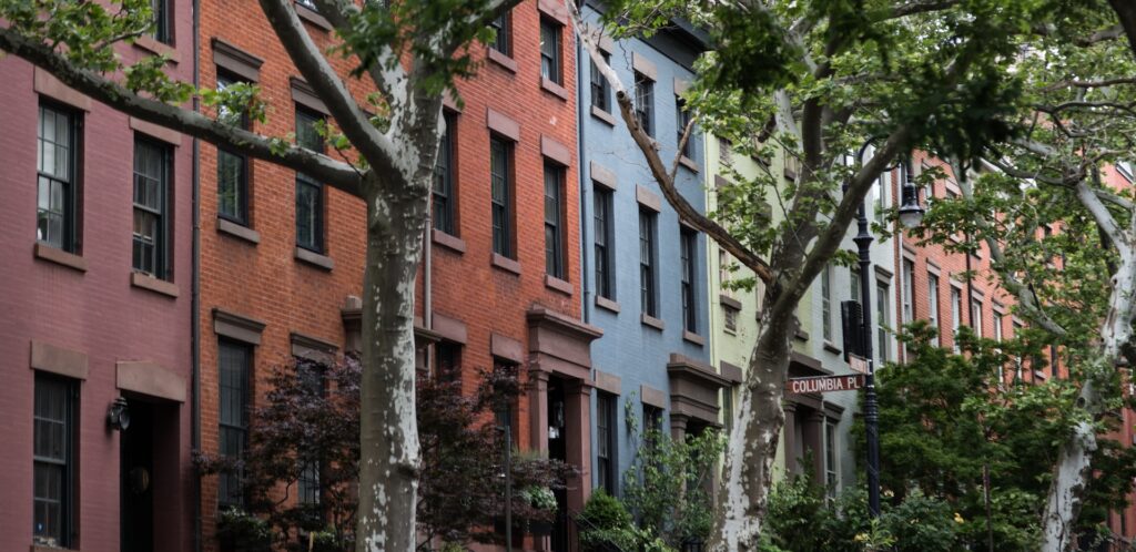 Multicolored row homes, signifying the pest control challenges of urban living.