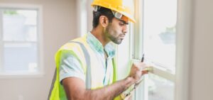 A man wearing a hardhat inspecting a window.